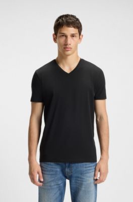 Zweierpack T-Shirts aus Stretch-Baumwolle mit V-Ausschnitt, Schwarz