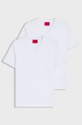 Pakke med to T-shirts med V-hals i bomuld med str&aelig;k, Hvid