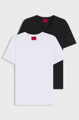 Paquete de dos camisetas de algod&oacute;n el&aacute;stico con cuello en pico, Blanco / Negro