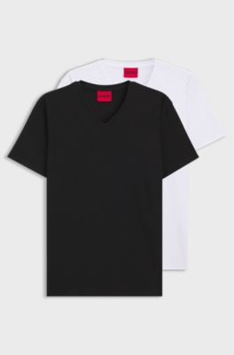 Set van twee T-shirts met V-hals van stretchkatoen, Wit / Zwart