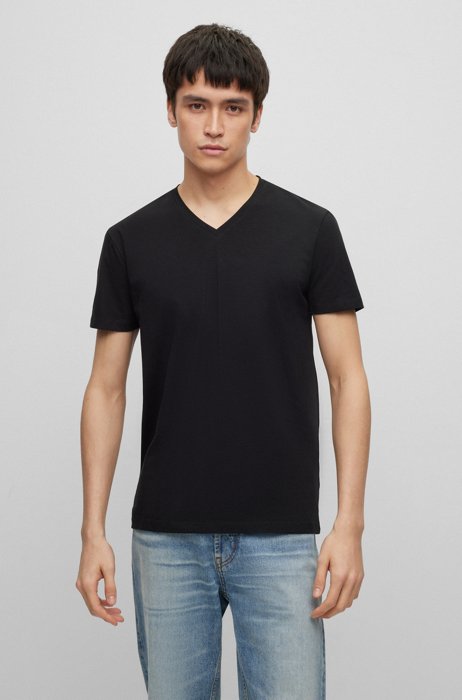 Paquete de dos camisetas en punto de algodón elástico con cuello en pico, Blanco / Negro
