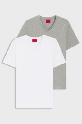 2-pack v-ringade t-shirts i stretchig bomull, Vit / Ljusgr&aring;