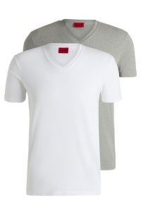 T-shirt in cotone elasticizzato con scollo a V in confezione da due, Bianco / Grigio chiaro