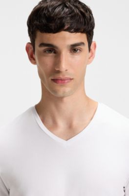 2-pack v-ringade t-shirts i stretchig bomull, Vit / Ljusgr&aring;