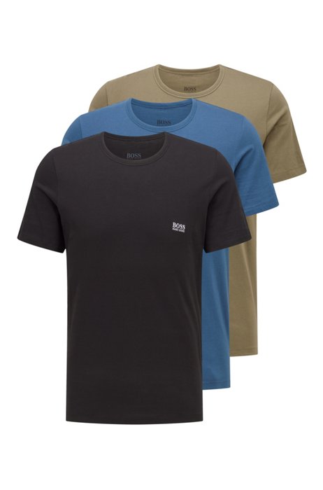 T-Shirts aus Baumwolle im Dreier-Pack, Schwarz / Blau / Hellbraun