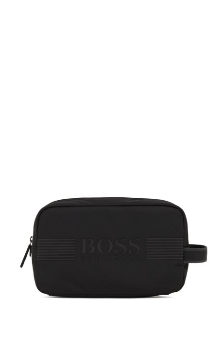 Logo-print washbag in structured nylon with waterproof zip, Black