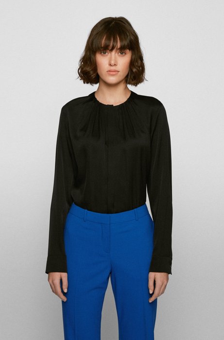 Silk-blend blouse with gathered neckline, Black