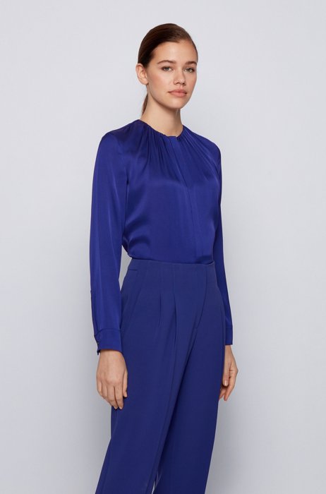 Silk-blend blouse with gathered neckline, Blue