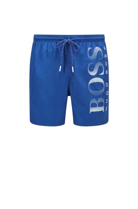 Boxer da mare con logo stampato in tessuto tecnico, Blu