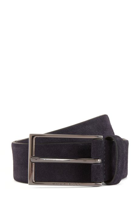 Soft suede leather belt with polished gunmetal pin buckle, Dark Blue