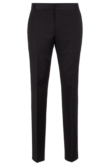 Slim-fit formal trousers in virgin wool with silk trims, Black