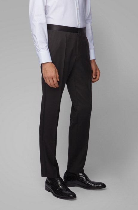 Slim-fit formal trousers in virgin wool with silk trims, Black