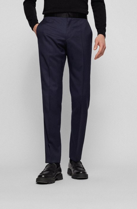 Pantaloni formali slim fit in lana vergine con rifiniture in seta, Blu scuro