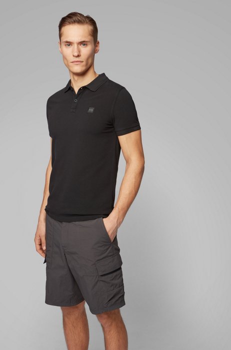 Slim-fit polo shirt in washed cotton piqué, Black