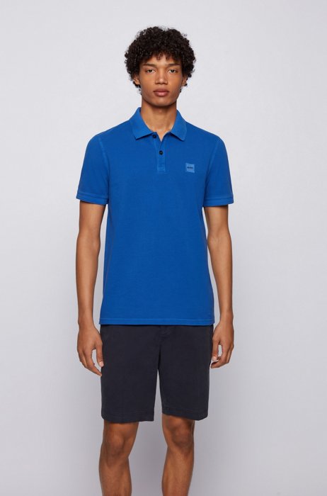 Slim-fit polo shirt in washed cotton piqué, Blue
