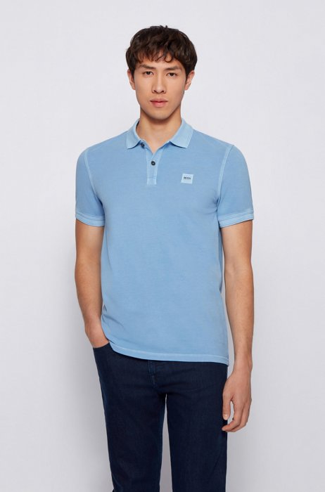 Slim-fit polo shirt in washed cotton piqué, Light Blue
