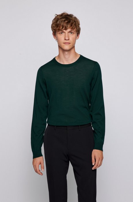 Crew-neck sweater in virgin wool, Dark Green