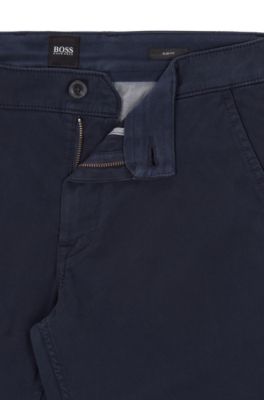 Chino casual Slim Fit en coton stretch bross&eacute;, Bleu fonc&eacute;