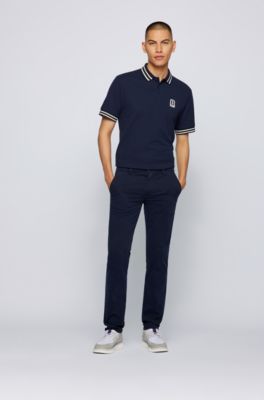 Chino casual Slim Fit en coton stretch bross&eacute;, Bleu fonc&eacute;