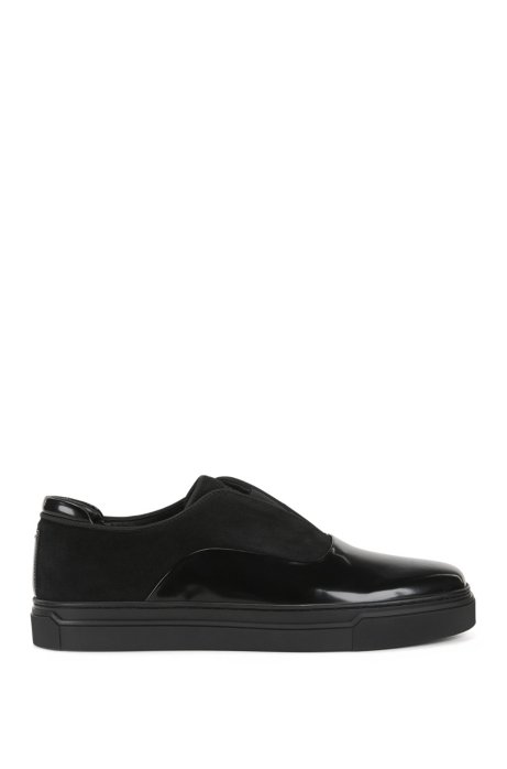 Laceless low-top trainers in mixed leathers, Black