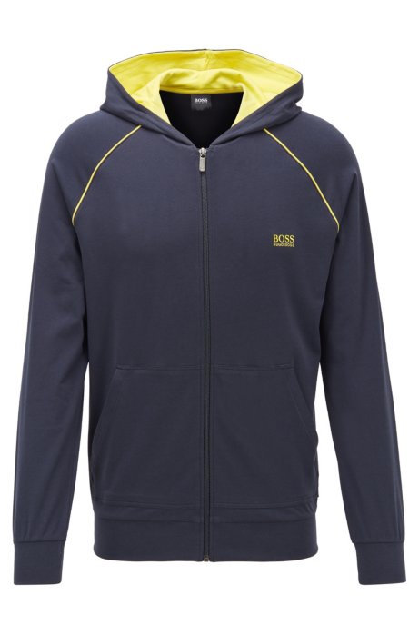 Zip-through hoodie in stretch cotton jersey with contrast piping, Dark Blue