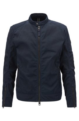 HUGO BOSS | Jackets and coats for men | Timeless and elegant Slim-fit biker jacket in used-finish waxed twill, Dark Blue