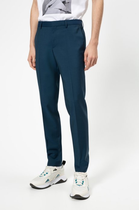 Slim-fit trousers in textured virgin wool, Blue