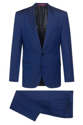 Slim-fit suit in virgin wool with signature stitching, Blue