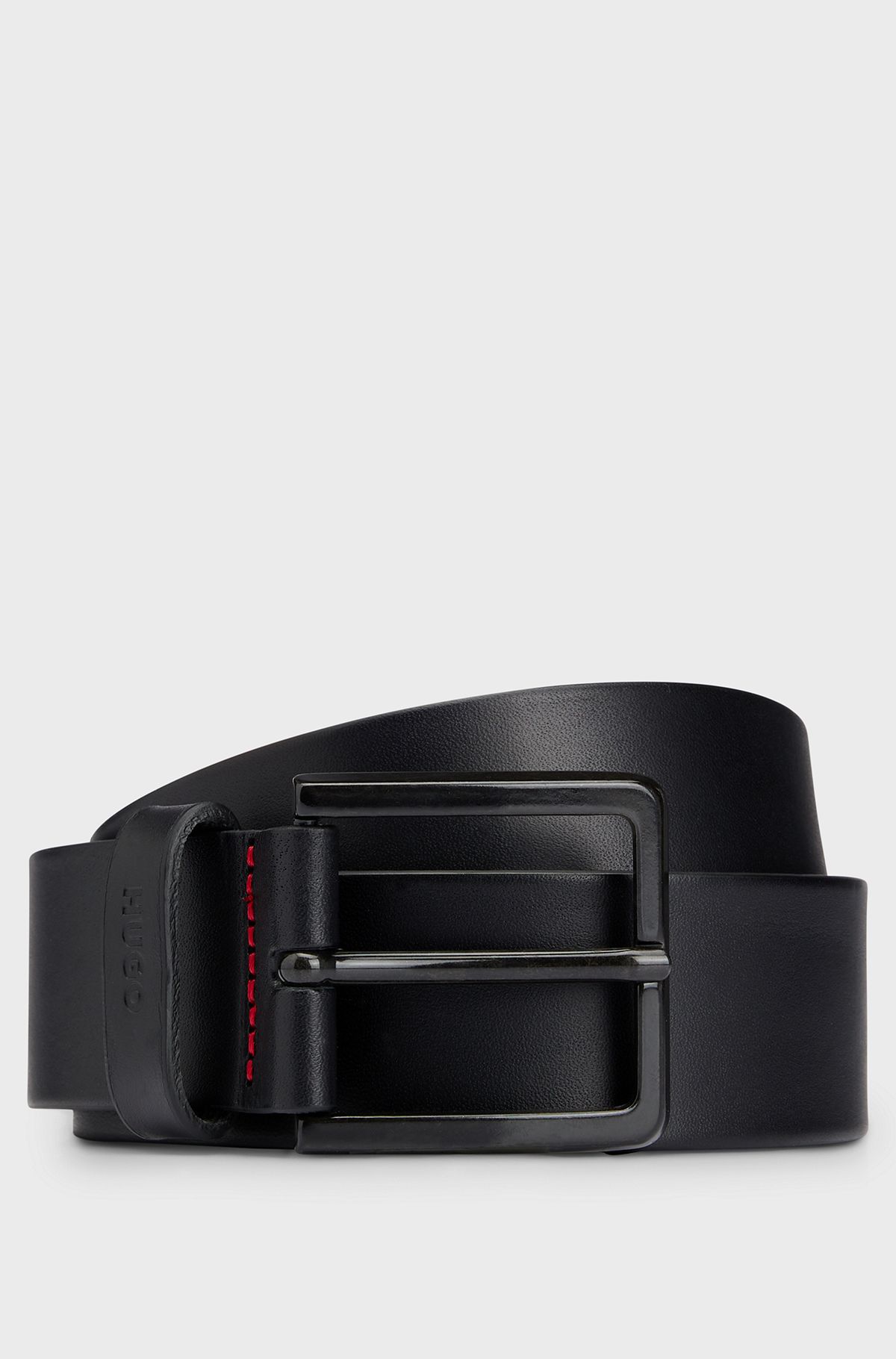 Italian-leather belt with logo-stamped keeper, Black