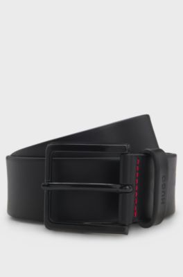 Italian-leather belt with logo-stamped keeper, Black