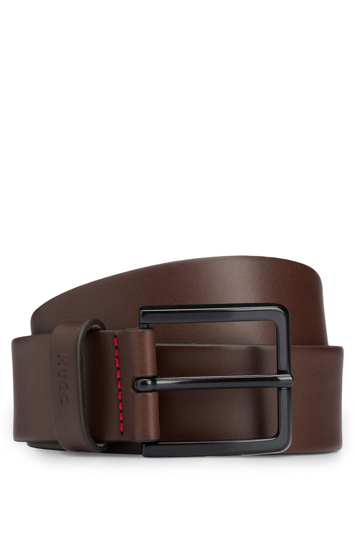 Italian-leather belt with logo-stamped keeper, Dark Brown