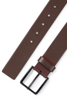 Italian-leather belt with logo-stamped keeper, Dark Brown