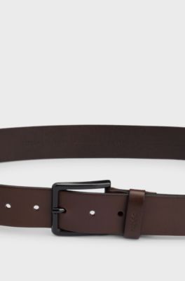 Cintura in pelle italiana con passante con logo goffrato, Marrone scuro