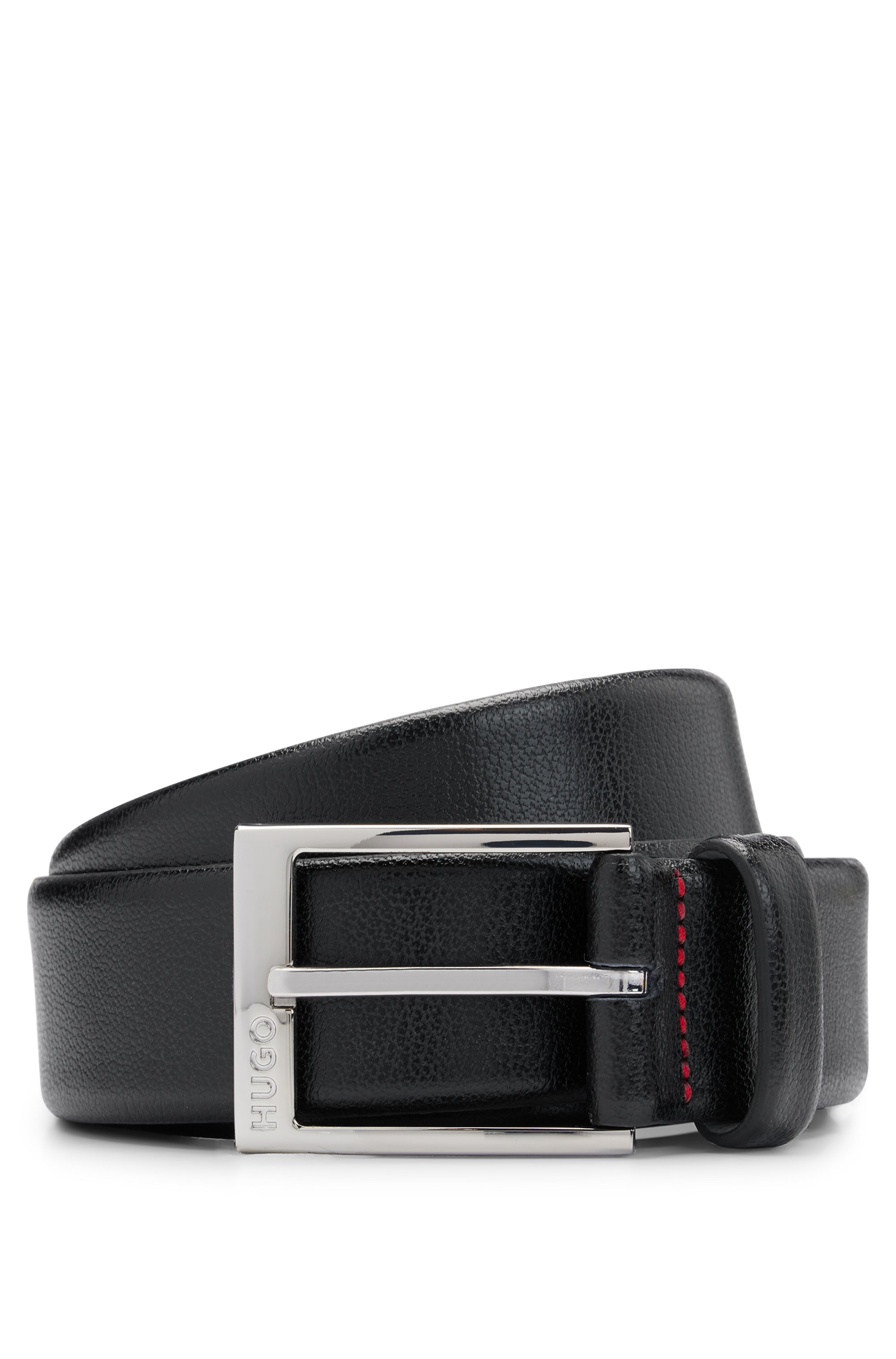 Grained-leather belt with logo-engraved buckle, Black