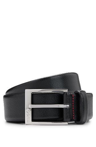 Grained-leather belt with logo buckle, Black