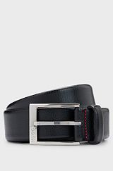 Grained-leather belt with polished-silver-hardware logo , Black
