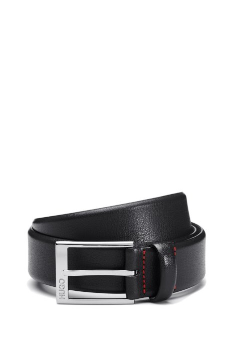 Embossed leather belt with polished silver-effect hardware, Black