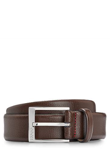 Grained-leather belt with logo buckle, Hugo boss