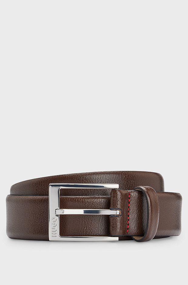 Grained-leather belt with polished-silver-hardware logo , Dark Brown