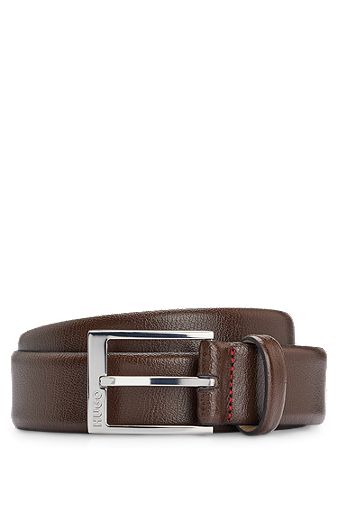 Grained-leather belt with logo buckle, Dark Brown