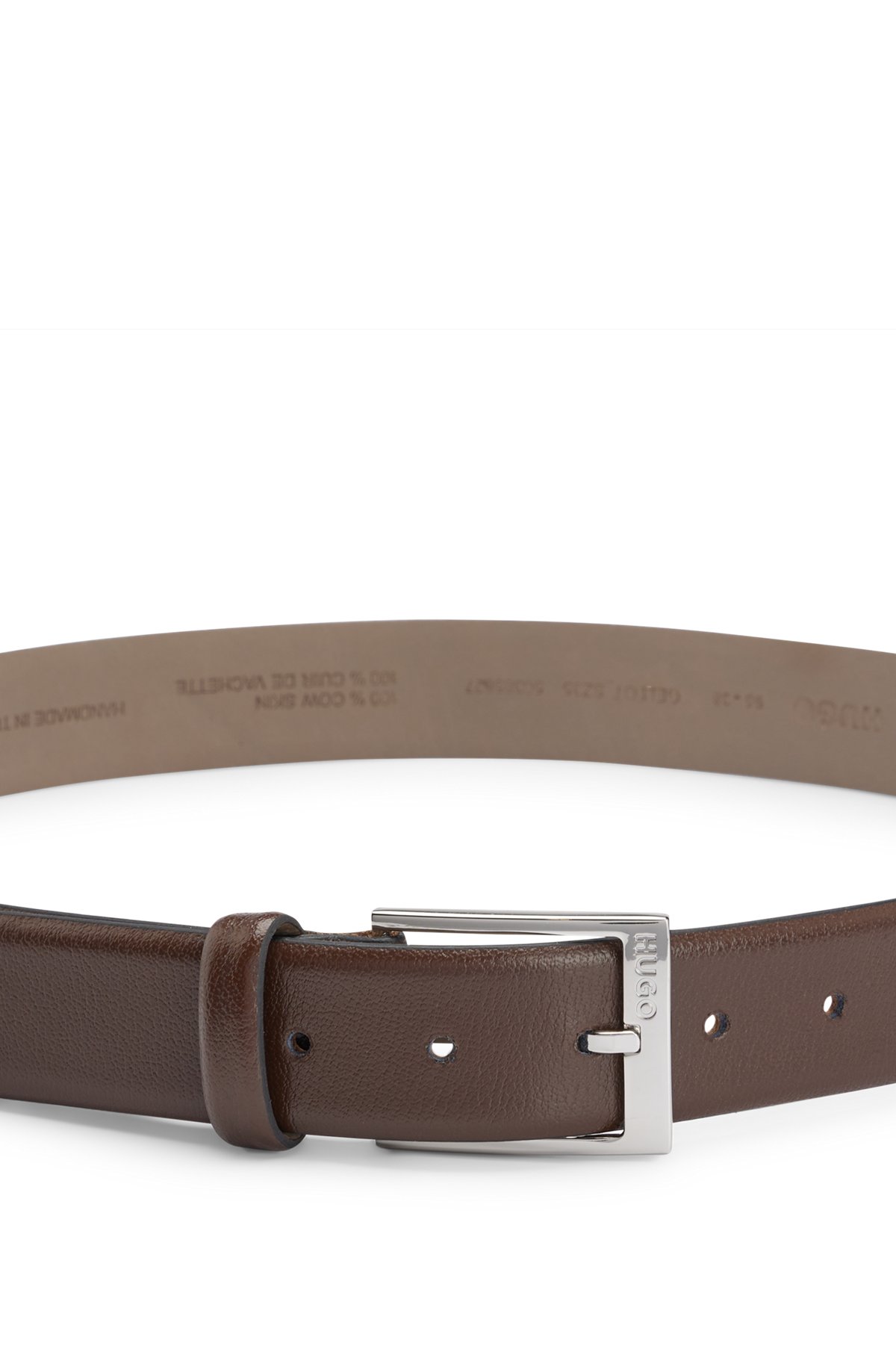 Grained-leather belt with logo buckle, Dark Brown