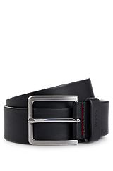 Grainy embossed-leather belt with brushed metal hardware, Black
