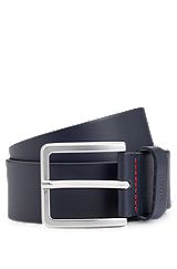 Grainy embossed-leather belt with brushed metal hardware, Dark Blue