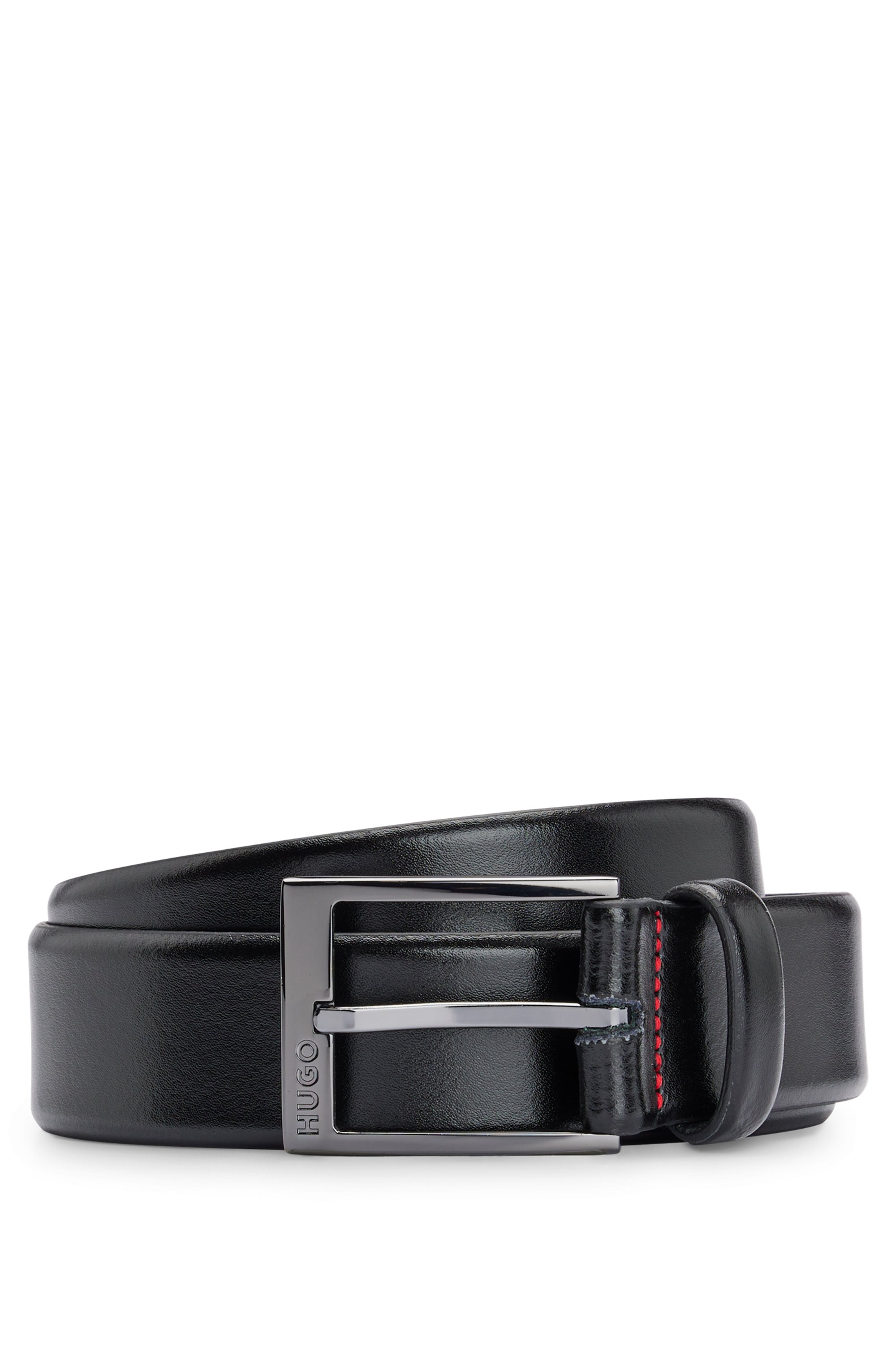 Leather belt with polished gunmetal hardware, Black