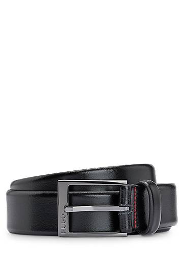 Italian-leather belt with polished gunmetal hardware, Hugo boss