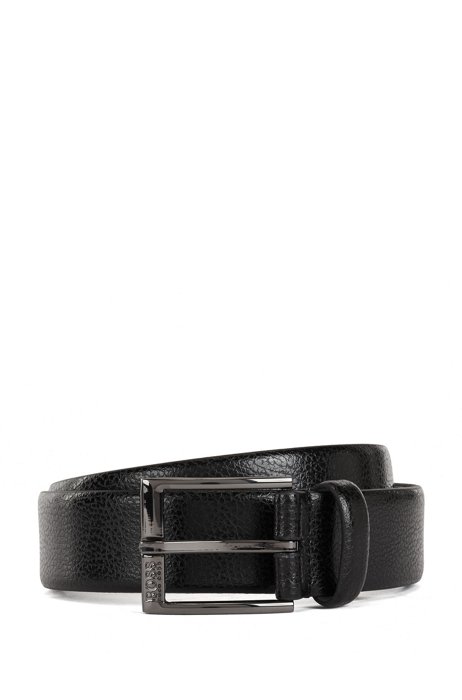 Pin-buckle belt in embossed Italian leather, Black