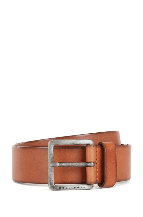 Smooth-leather belt with brushed-effect buckle, Brown