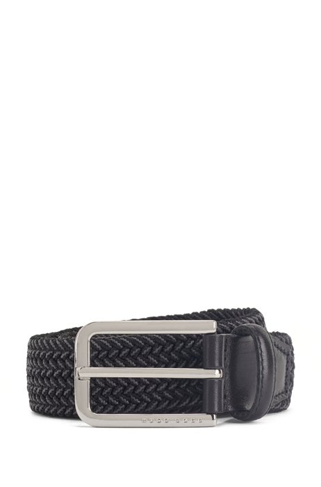 Woven-elastic belt with leather trims, Black