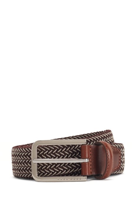 Woven-elastic belt with leather trims, Dark Brown