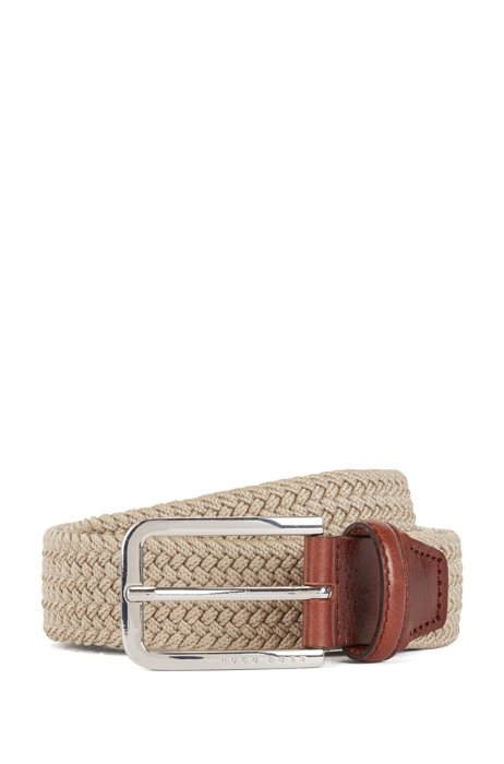 Woven-elastic belt with leather trims, Light Beige